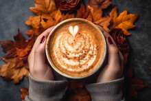 Hands Holding Coffee With Latte Art On Seasonal Autum Leaves Background