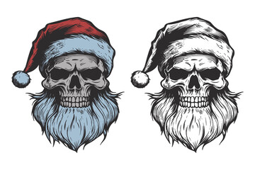 Wall Mural - Set of vintage retro tattoo bad scary horror spooky skull skeleton santa claus in hat. Merry christmas xmas new year holiday halloween poster. Graphic Art. Engraving vector style illustration