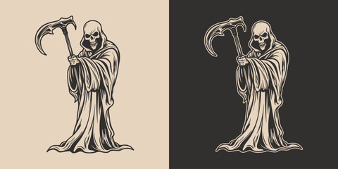 Vintage retro Halloween reaper death with scythe scary horror element. Monochrome Graphic Art. Vector. Hand drawn element in engraving. style