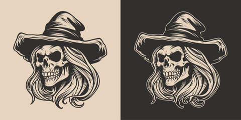 Wall Mural - Vintage retro Halloween witch sugar skull girl in hat. Monochrome Graphic Art. Vector. Hand drawn element in engraving. style