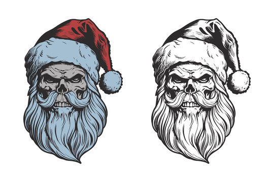 Set of vintage retro tattoo bad scary horror spooky skull skeleton santa claus in hat. Merry christmas xmas new year holiday halloween poster. Graphic Art. Engraving vector style illustration
