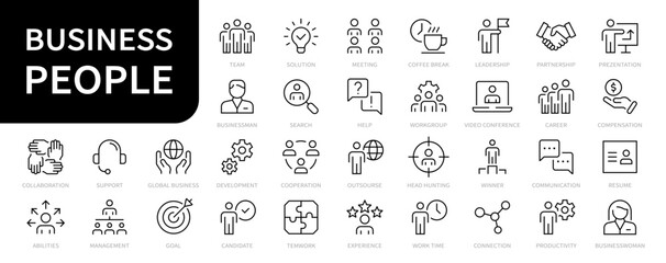 Wall Mural - Business people line icons collection. Business people symbols set. Businessman & Businesswoman icon. Agreements, Partnership, Headhunting, Leadership, Teamwork, Company icon. Vector