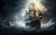 Old galleon ship sailing through a storm and fighting the strong waves and adverse weather