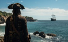 Pirate Seen From Behind Looking At The Sea And A Pirate Ship From The Distance.