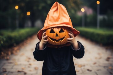 Cute child holding halloween pumpkin head over their face