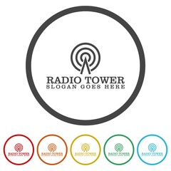 Poster - Radio tower logo template. Set icons in color circle buttons