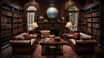 Study/Library , A scholarly haven featuring walnut bookshelves filled with leather-bound volumes, a roll-top desk, and antique globes