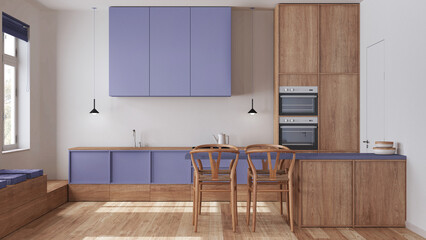 Scandinavian nordic wooden kitchen in white and purple tones. Dining island with chairs, cabinets and appliances. Minimal interior design