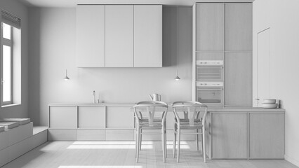 Poster - Total white project draft, scandinavian nordic wooden kitchen. Dining island with chairs, cabinets and appliances. Minimal interior design