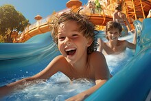 A Little Boy Slides Down A Water Slide And Has Fun. The Boy Swims In The Pool After Going Down The Water Slide In Summer