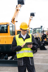 Aufkleber - Engineer in a helmet with a digital tablet stands next to construction excavators.