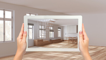 Wall Mural - augmented reality concept. hand holding tablet with ar application used to simulate furniture and de