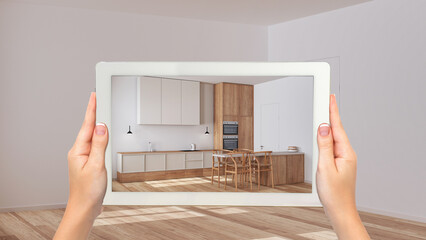 Wall Mural - augmented reality concept. hand holding tablet with ar application used to simulate furniture and de