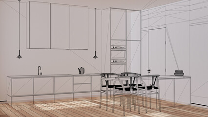 Sticker - Empty white interior with parquet floor and window, custom architecture design project, black ink sketch, blueprint showing kitchen with island and chairs