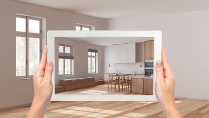 Wall Mural - augmented reality concept. hand holding tablet with ar application used to simulate furniture and de