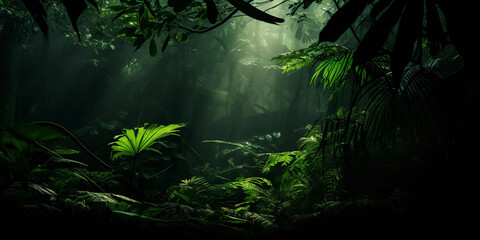 Wall Mural - rainforest scene, deep emerald greens, play of light and shadows, dense textures and patterns