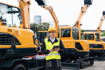 Engineer in a helmet with a digital tablet stands next to construction excavators.