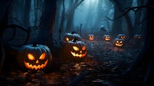 Halloween Pumpkins In The Forest At Night.Halloween Background With Evil Pumpkin. Spooky Scary Dark Night Forrest. Holiday Event Halloween Banner Background Concept