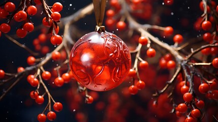 Wall Mural - Christmas decoration with red bauble on tree branch over dark background.