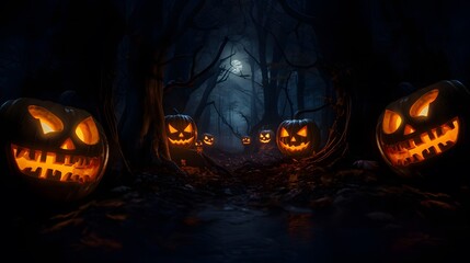 Wall Mural - Halloween background with Evil Pumpkin. Spooky scary dark Night forrest. Holiday event halloween banner background concept