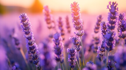 Wall Mural - Lavender flowers blooming in lavender field at sunset.