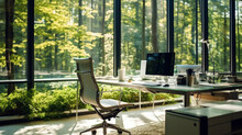 Modern Corporate Office Open Space With Forest Outside The Window. Calming And Productive Workspace For Modern Lifestyle.