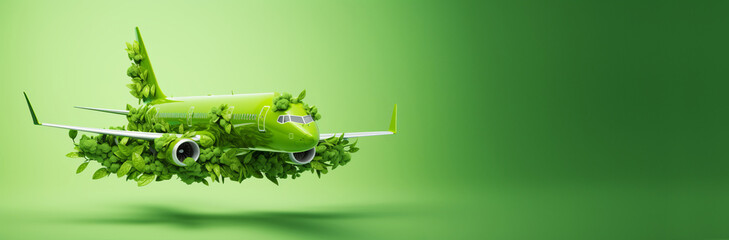 Airplane in leaves on green copyspace background. Sustainable travel, zero emissions travel concept
