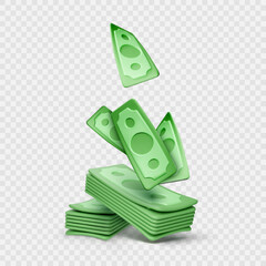 Wall Mural - 3D paper money with transparent shadows. Cartoon paper bills stack. Green american dollar banknotes. Vector