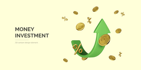 Wall Mural - Money management. Success investment and growth profit concept. 3D arrow up and falling gold coins and percentage symbol around. Vector