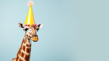 Cute Giraffe With Birthday Hat On Background, Copy Space, Generative AI