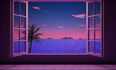 Canvas Print - Open window with tropical landscape and ocean in vaporwave style. Purple sundown in 90s style room, vacation calmness frame.