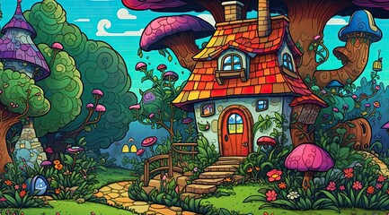 Wall Mural - Enter a world of imagination with this delightful scene of a cartoon house nestled by the edge of a lush forest, tailor-made for coloring. The whimsical architecture, made with Generative AI