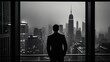 © Filip - A black and white shot capturing the silhouette of a business model, looking out of a high-rise office window with rain streaking down, embodying the challenges and isolation of corporate leadership