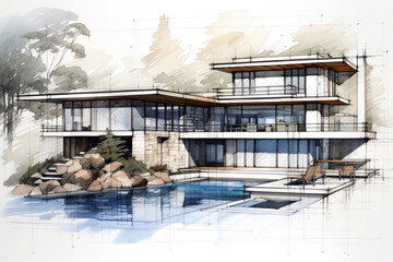 Architectural sketch design. Watercolor sketching idea on white paper background