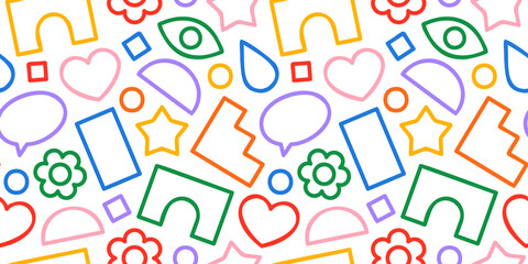 Wall Mural - fun colorful line doodle shape seamless pattern. creative minimalist style art background for childr