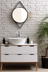 Wall Mural - Modern of bathroom with sink bowl on dressing table, Stool and mirror with shelving unit.