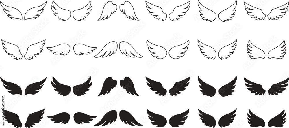 set of Wings with long feather. Angel or bird wing flat black icons ...