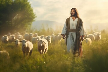 Wall Mural - Meadow Moments with Jesus: A Scene of Spiritual Leadership and Care
