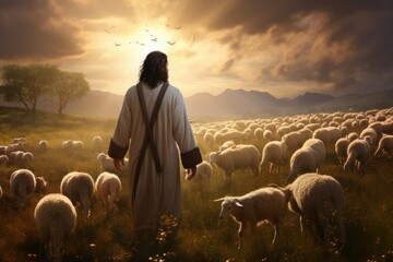 Wall Mural - Divine Reverie: Jesus Walking in a Meadow Alongside His Flock of Sheep

