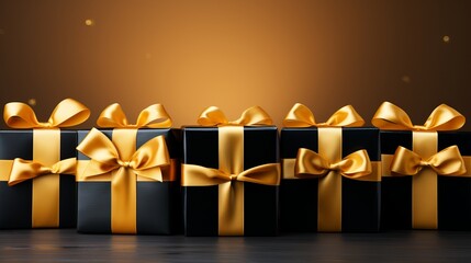 Gift wrap. Black and yellow box with a bow on a plain background. Concept: Festive atmosphere present for the holidays