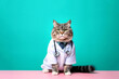Cat doctor concept. Cat with phonendoscope isolated on gradient turquoise background. Profession. Bright background. AI generated.