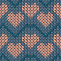 Wall Mural - Fair isle heart knit nordic vector seamless pattern. Knitwear texture valentine ornament.