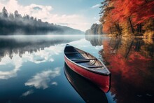 Red Canoe On The Lake In The Autumn Forest. Beautiful Landscape. Canoe On Lake, AI Generated