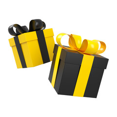 Wall Mural - Black Friday and sale event concept. Two black and yellow gift boxes with ribbon bow isolated. 3d rendering.