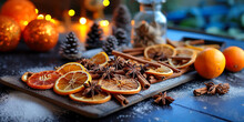 Traditional Christmas Spices And Dried Orange Slices On Holiday Bokeh Background With Defocus Lights. Cinnamon Sticks, Star Anise, Pine Cones And Cloves. Christmas Spices Decoration
