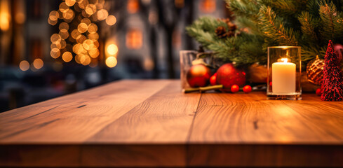 Poster - Empty wood table top with blur Christmas tree with bokeh light background, digital ai