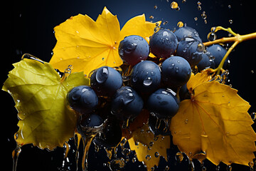 Aufkleber - a bunch of blue grapes against a yellow background, Generative AI technology.