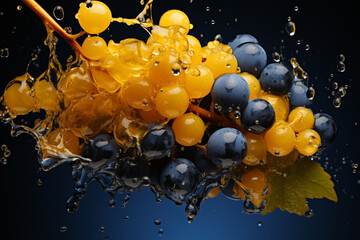 Aufkleber - a bunch of blue grapes against a yellow background, Generative AI technology.