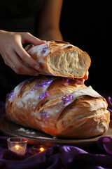 Aufkleber - the hands of two women grasping a dough on a dark background,  Generative AI technology.