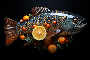 Poster - spoon with orange fish fillet on dark background  Generative AI technology.